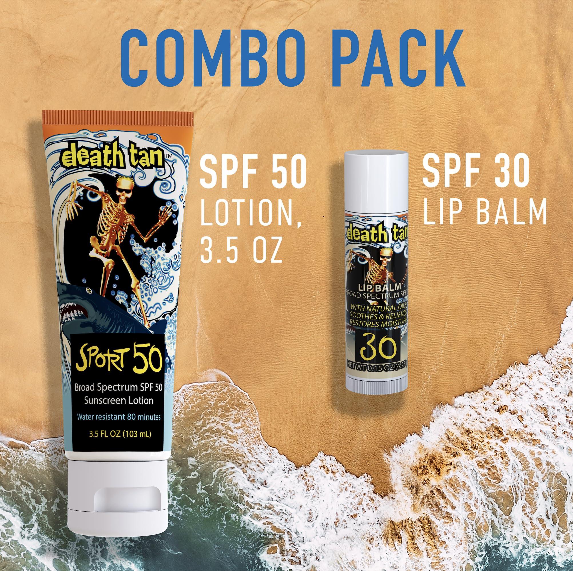 Death Tan DEATH TAN SPF 50 Sport Sunscreen & SPF 30 Lip balm Combo Pack | Octinoxate & Oxybenzone Free | Sweat & Water-Resistant for up to 80 minutes | Broad Spectrum UVA/UVB Protection