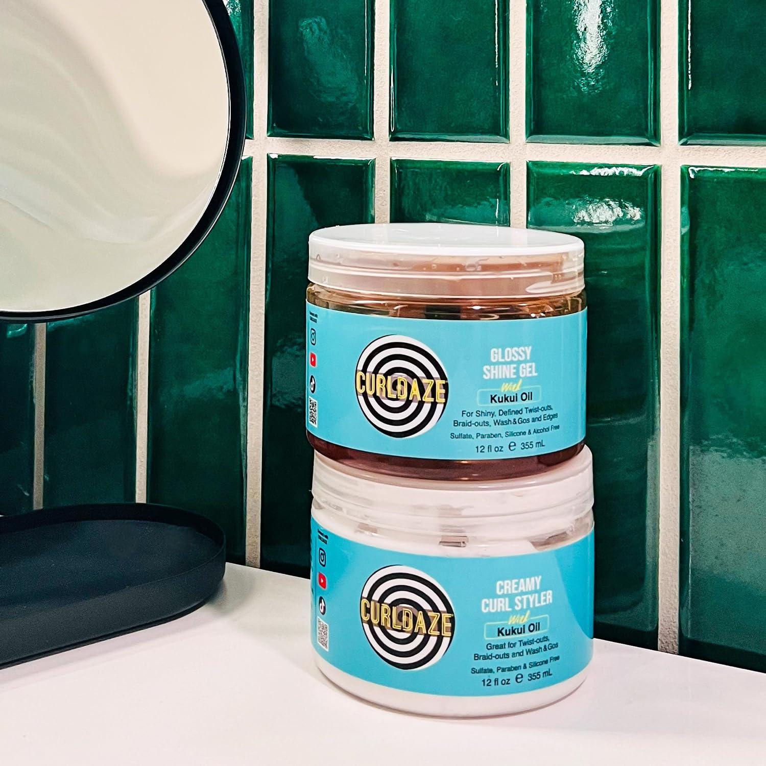 Curldaze Curldaze Glossy Shine Gel with Kukui Oil, Vitamins A, C, & E, Defines Curls in Twist-Outs, Braid-Outs, Wash & Gos, Controls Frizz & Edges, Shines, Moisturizes, Protects & Renews Dry or Damaged Hair