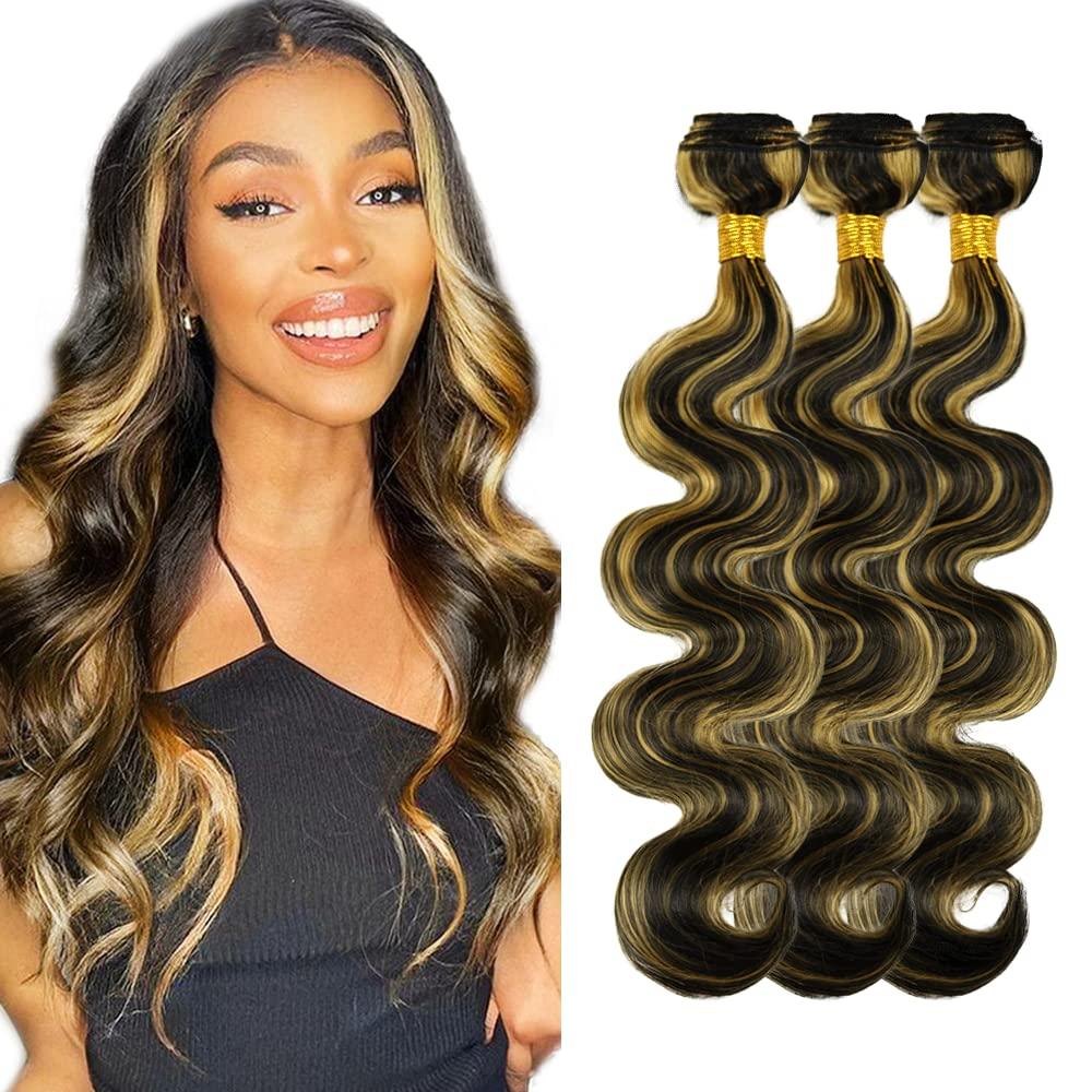 NiegMeag Blonde Bundles Human Hair Highlight Body Wave Hair Weave Brazilian Grade 8A Virgin Hair Extensions 14 16 18 Inch 2 Tone Black Mixed With Honey Blonde Body Wave Hair Weave