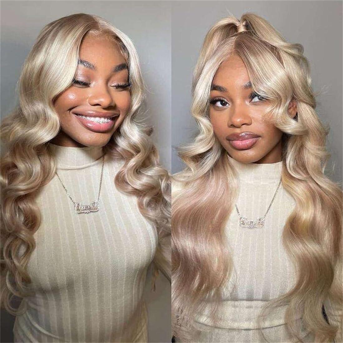 Rina Rina 200% Density Milk Tea Ash Blonde Lace Front Wig Human Hair Upgrades Body Wave Platinum Grey Balayage Lace Front Wig More Full and Thicker 13x4 HD Invisible Frontal Wig for Women 18 Inch