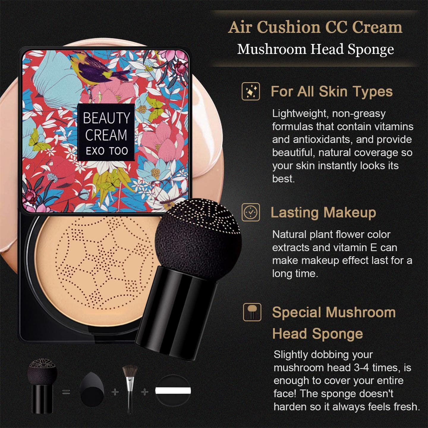 NUIBO 2PCS Mushroom Head Air Cushion CC Cream Foundation, Beauty Cream EXO TOO BB Cream, Moisturizing, Long Lasting, Matte, Light Weight, Waterproof Liquid Foundation with 2PCS Mushroom Head Sponges