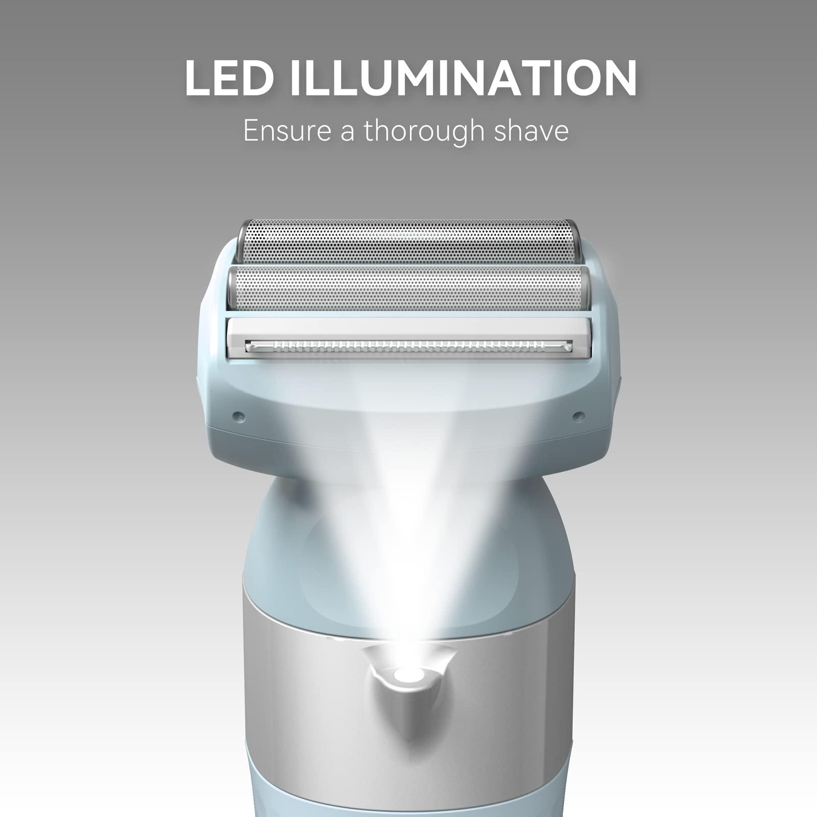 unibono unibono 3-in-1 Electric Razor for Women,Dual-Foil Electric Shaver for Woman Face,Legs,Armpit,Rechargeable Bikini Trimmer,3-,Intimate Shaver with Illumination,Public Hair Trimmer Women (Light Blue)