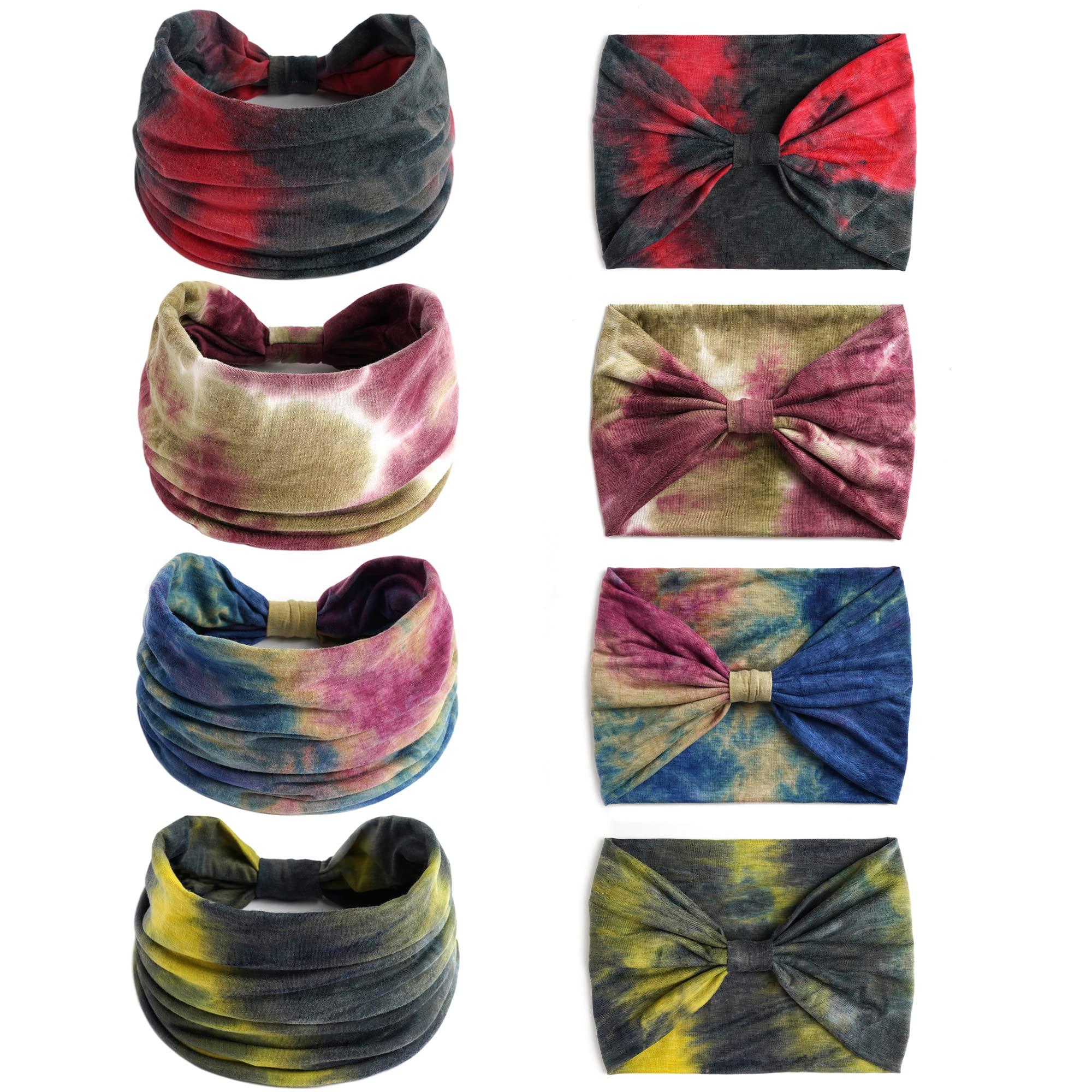 STGDAK STGDAK Boho Headbands For Women Fashion Stretch Wide Hair Bands Tie Dye Knoted Turban Head Bands Yoga Running Sweatband Elastic Headband Stylish Wrap Headbands Hair Accessories for Teen Girls 4 Pack