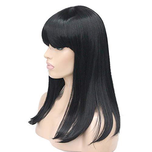 Lydell Lydell 14" Long Straight Wig Soft Heat Fiber Hair Cute Neat Bang Under Shoulder Full Wig (Black)