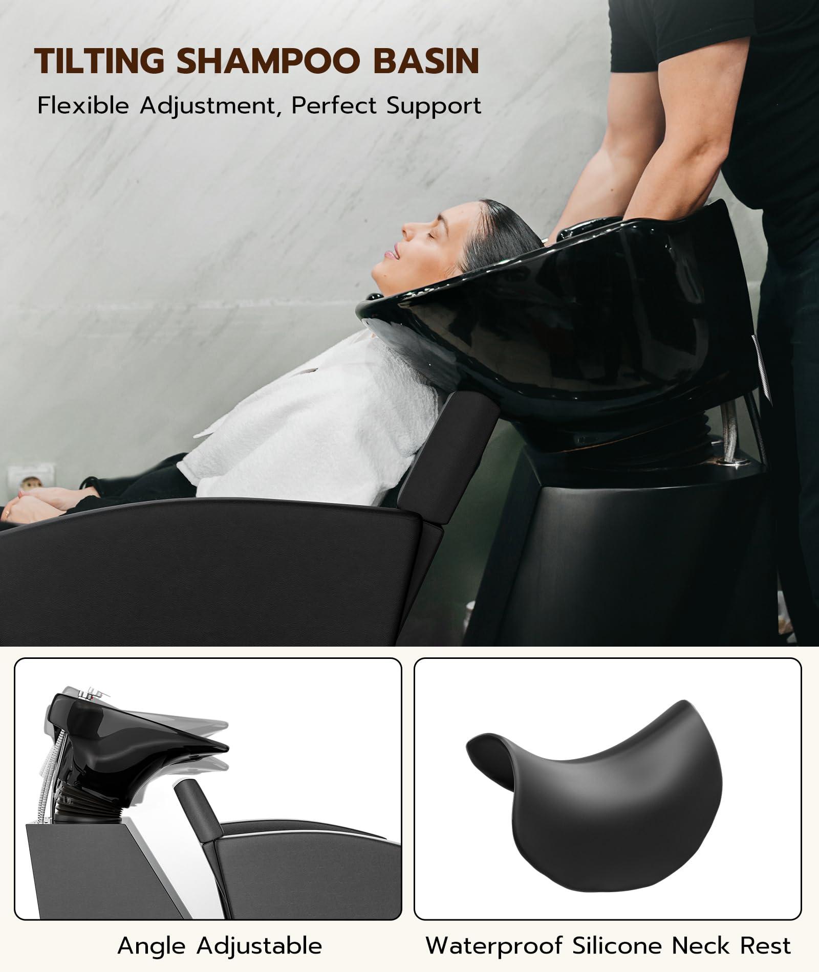 Icoget Icoget Shampoo Bowl and Chair Set for Salon, Deep Porcelain Tilting Salon Sinks for Hair Stylist, Backwash Shampoo Stations for Barber,Home, Black