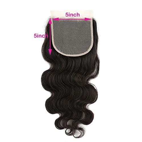 ELIHAIR ELIHAIR 5x5 Virgin Human Hair Lace Closures Weave Body Wave Free Part Soft and Silky Natural Hairline Pre Plucked With Baby Hair 100% Unprocessed Human Hair Pieces(16inch)