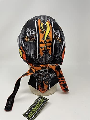 Capsmith Platinum Biker Doo Rag Durag Headwrap Black Orange Yellow Native American Indian Chief Feathers Headdress Sweatband