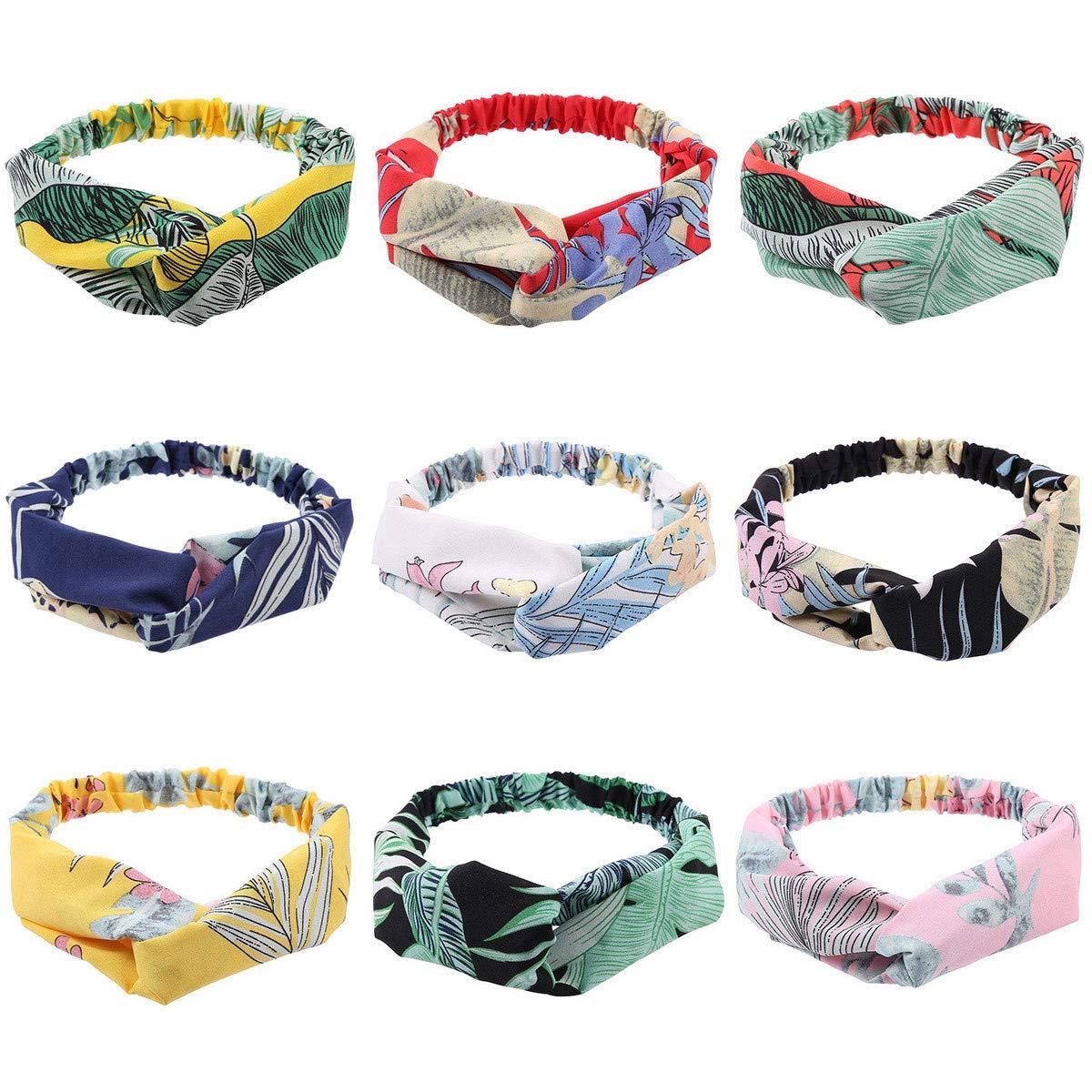 CUTEGIFT CUTEGIFT 9 Pack Beach Headbands for Women Boho Headbands for Girls Flower Printed Cross Elastic Head Wrap Bohemian Knotted Head Wrap Elastic Hair Band Hair Accessories for Teens Girls Women