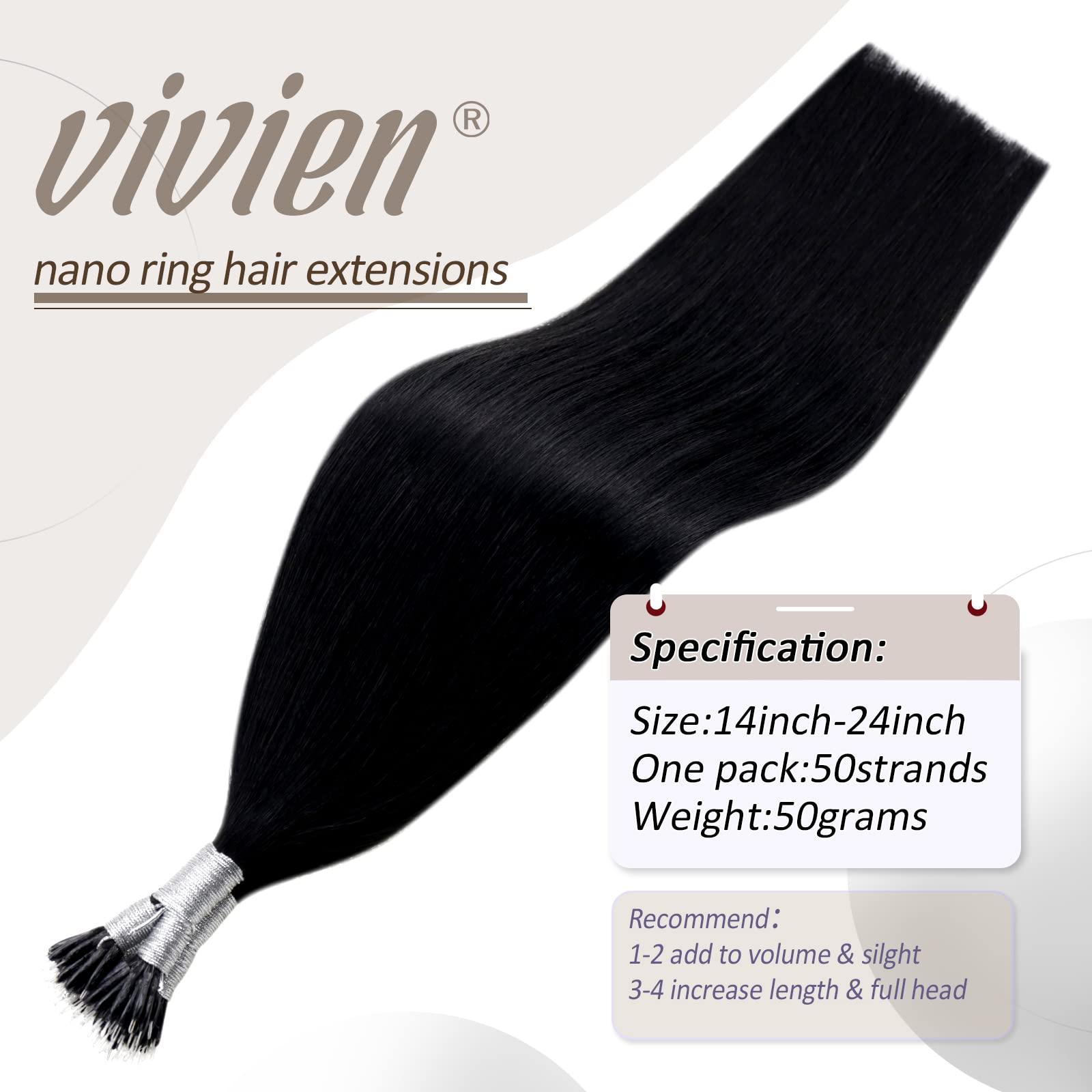 Vivien Vivien 24 Inch Nano Bead Hair Extensions Real Human Hair Jet Black Nano Extensions Human Hair Black Invisible Long Human Hair 50G/50S