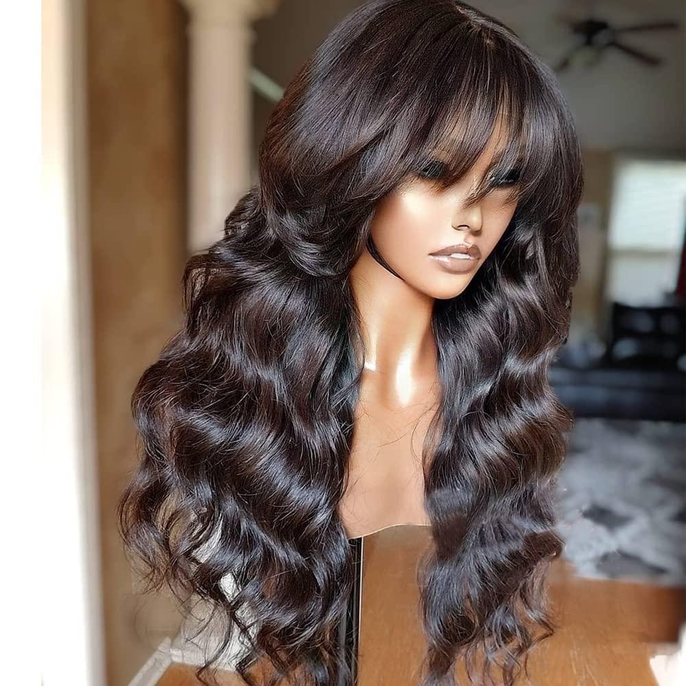 RHEANNA RHEANNA Bang Wig Human Hair 180 Density Brazilian Wavy Wig With Bangs For Black Women O Scalp Top Full Machine Made Wig 18inch
