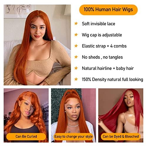 Azkiu Ginger Orange Lace Front Wigs Human Hair Straight Lace Front Wig 13x4 Hd Frontal Wigs Human Hair Pre Plucked With Baby Hair Ginger Wig Human Hair Lace Front Wigs for Black Women 150% Density 20Inch