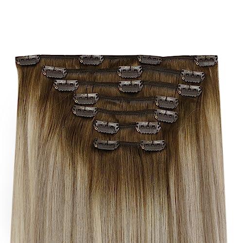 Full Shine Full Shine Balayage Brown Human Hair Clip in Extensions 20 inch Dark Brown to Light Brown Mix Blonde Balayage Clip in Hair Extensions Straight Real Hair Extensions Double Weft 7pcs/120g
