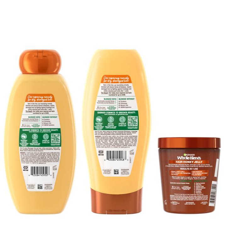 Garnier Garnier Whole Blends Honey Treasures Repairing Shampoo (22 Fl), Conditioner (22 Fl) + Defining Wavy & Curly Hair Jelly (13.5 Fl) (4 Items), Bundle