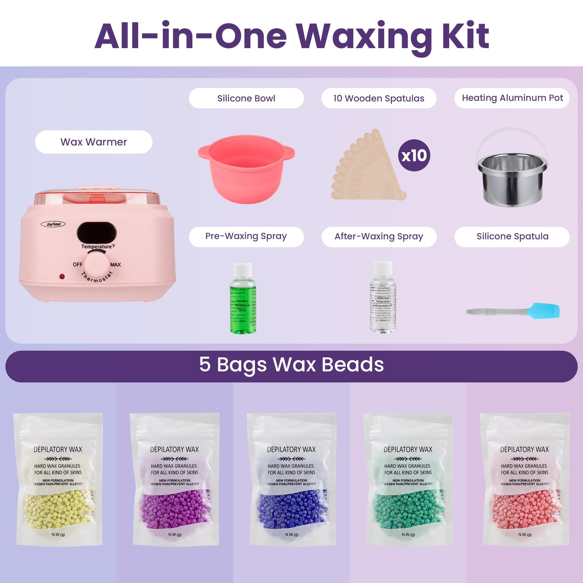 Sunvivi Sunvivi Wax Kit Digital Hair Removal Waxing Kit for Women & Men, Hot Wax Warmer Pot with 5 Bag Hard Wax Beads, Wax Melt Warmer Kit for Full Body, Legs, Face, Bikini,Sensitive skin, Pink