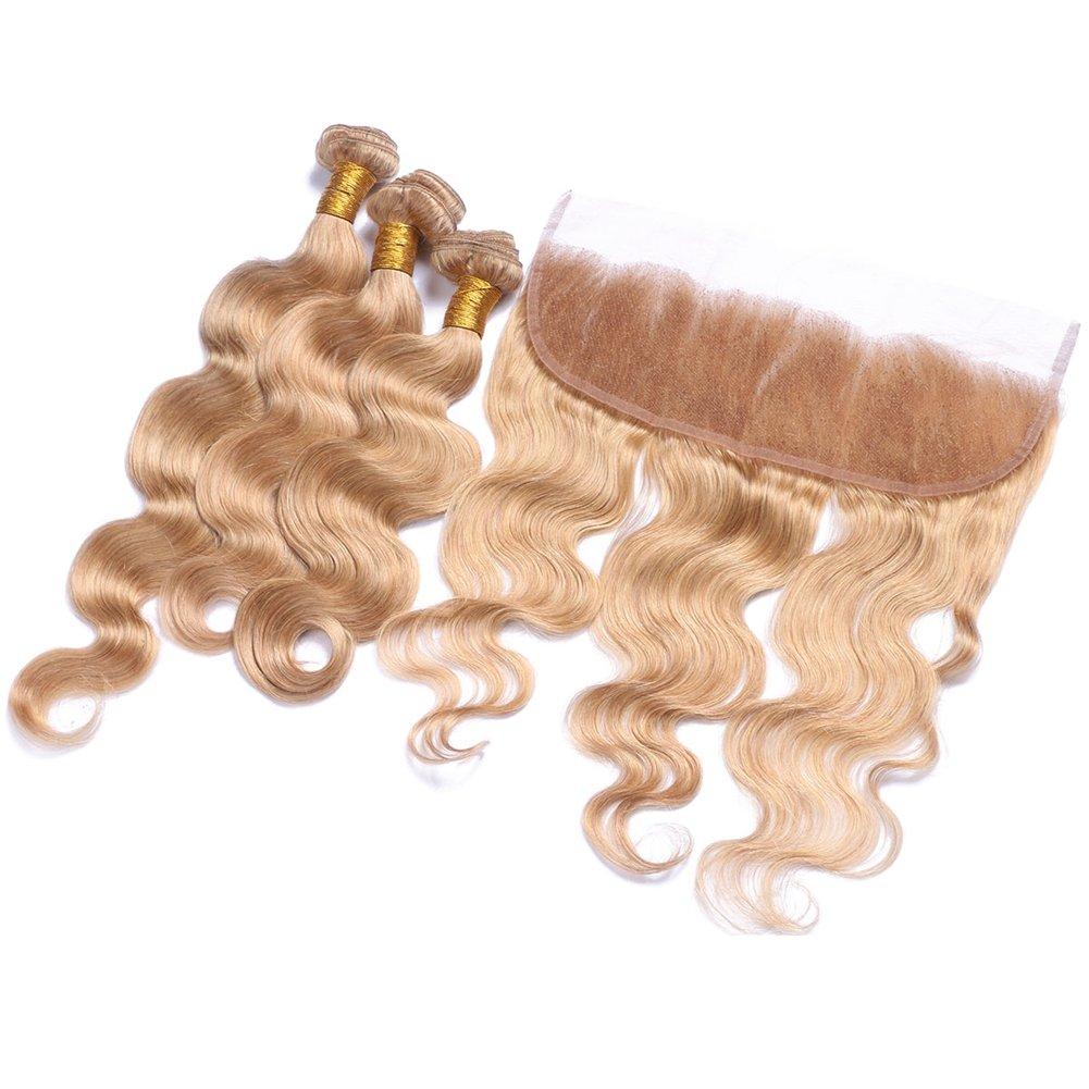 Tony beauty hair Tony Beauty Hair Honey Blonde Full Lace Frontal Closure With Bundles #27 28" 28" 30" 3 Bundles Malaysian Hair Bundles Body Wave And 24" Lace Front Closure Blonde