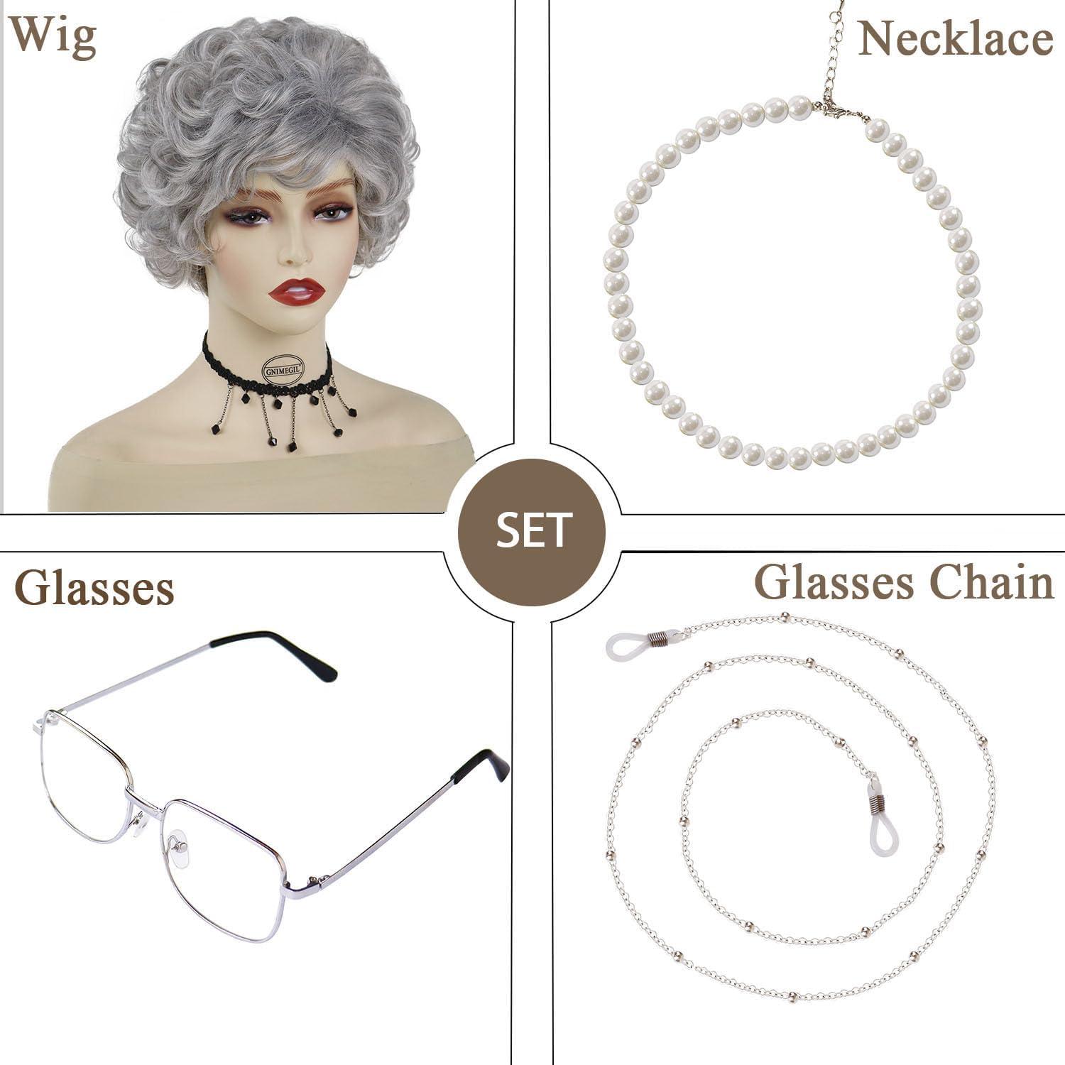 GNIMEGIL GNIMEGIL Old Lady Wig Short Dark Grey Curly Grandma Wig with Bangs Cosplay Costume Halloween Christmas Wig Accessories 4pcs Set(Wig+Glasses+Necklace+Chain)