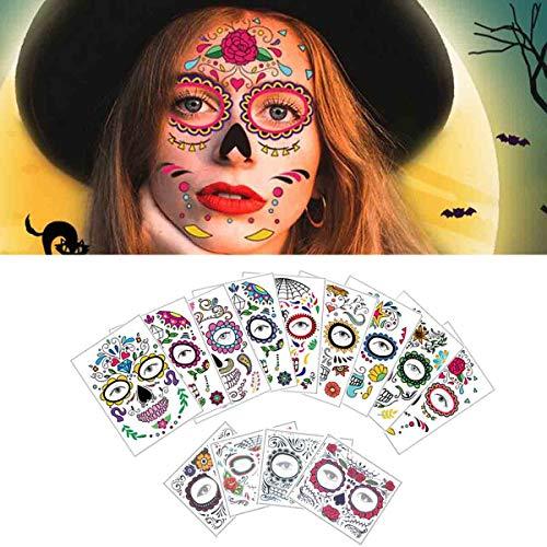 COKOHAPPY COKOHAPPY Halloween Temporary Face Tattoos Makeup Kit (13 Pack), Day of the Dead Sugar Skull Floral Black Skeleton Web Red Roses Full Face Mask Stickers Tattoo Families Party Supplies