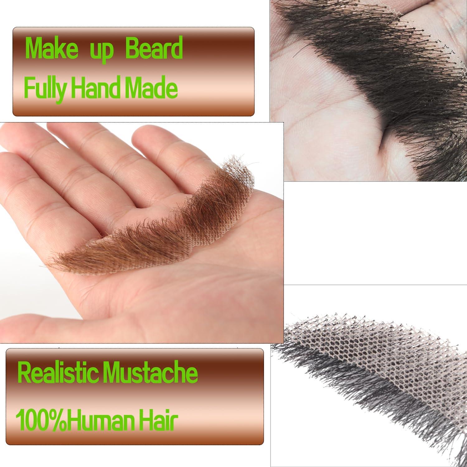 VIJIGIA Human Hair Full Hand Tied Realistic Fake Mustache Brown Human Hair Jack Sparrow Fake Beard Fake Goatee Costume Beard Fake Facial Hair Lace Beard for Women Halloween Funny Cosplay CostumeBROWN