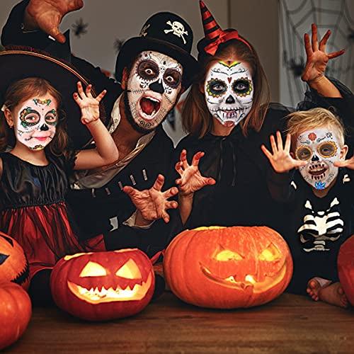 FATHER.SON 4 Pack Halloween Face Tattoo, Day of the Dead Sugar Skull Temporary Tattoos Makeup Kit for Men and Women Halloween Costume