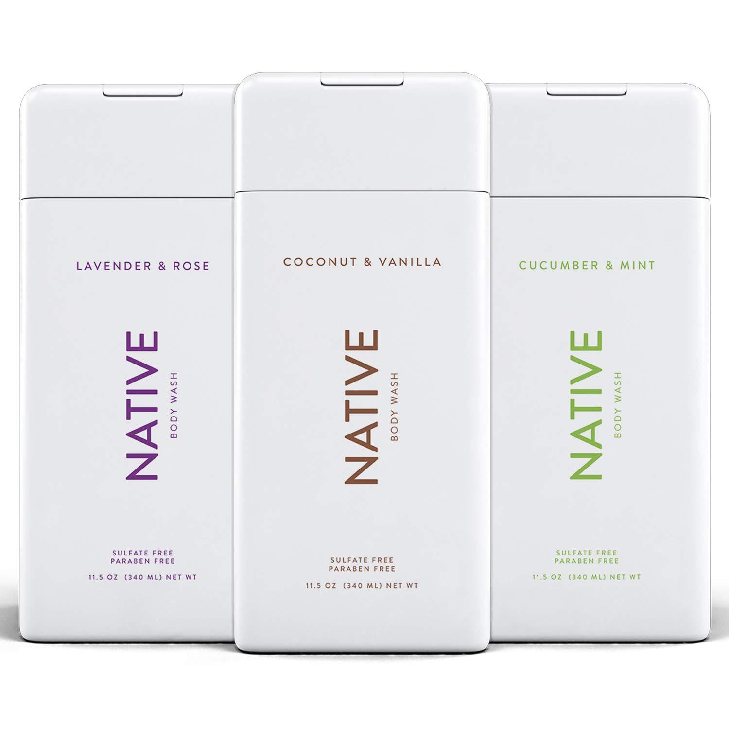Native Native Body Wash 3 Pack - Natural Body Wash Women & Men - SLS & Paraben Free - Cucumber & Mint, Coconut & Vanilla, Lavender & Rose