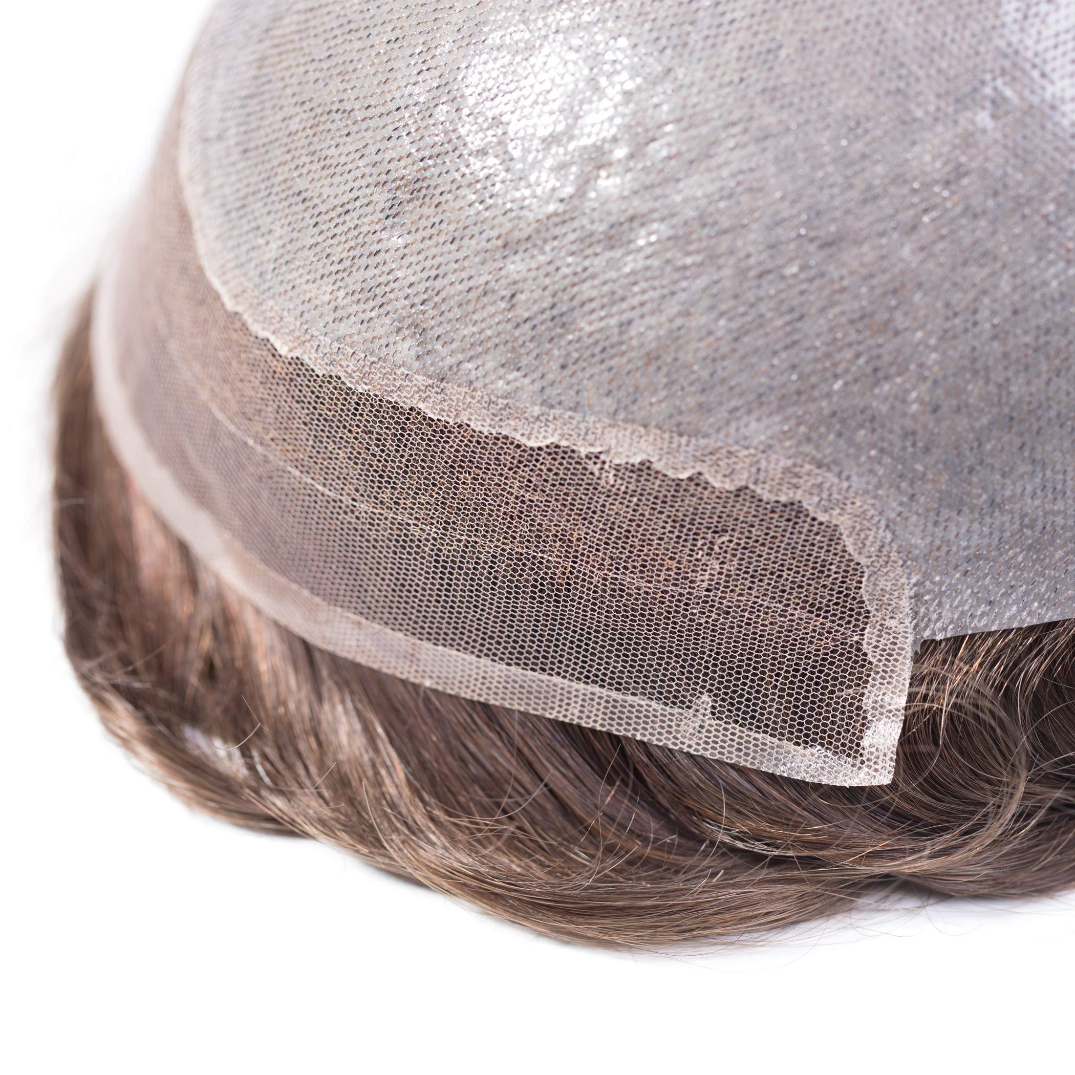 Superhairpieces Superhairpieces NM161V Men\'s Toupee Natural Premium Indian Remy Hair, 0.2mm Poly Skin Base, 1/2\" Swiss Lace Front, Invisible knots V-Loop Handmade (Medium Brown)