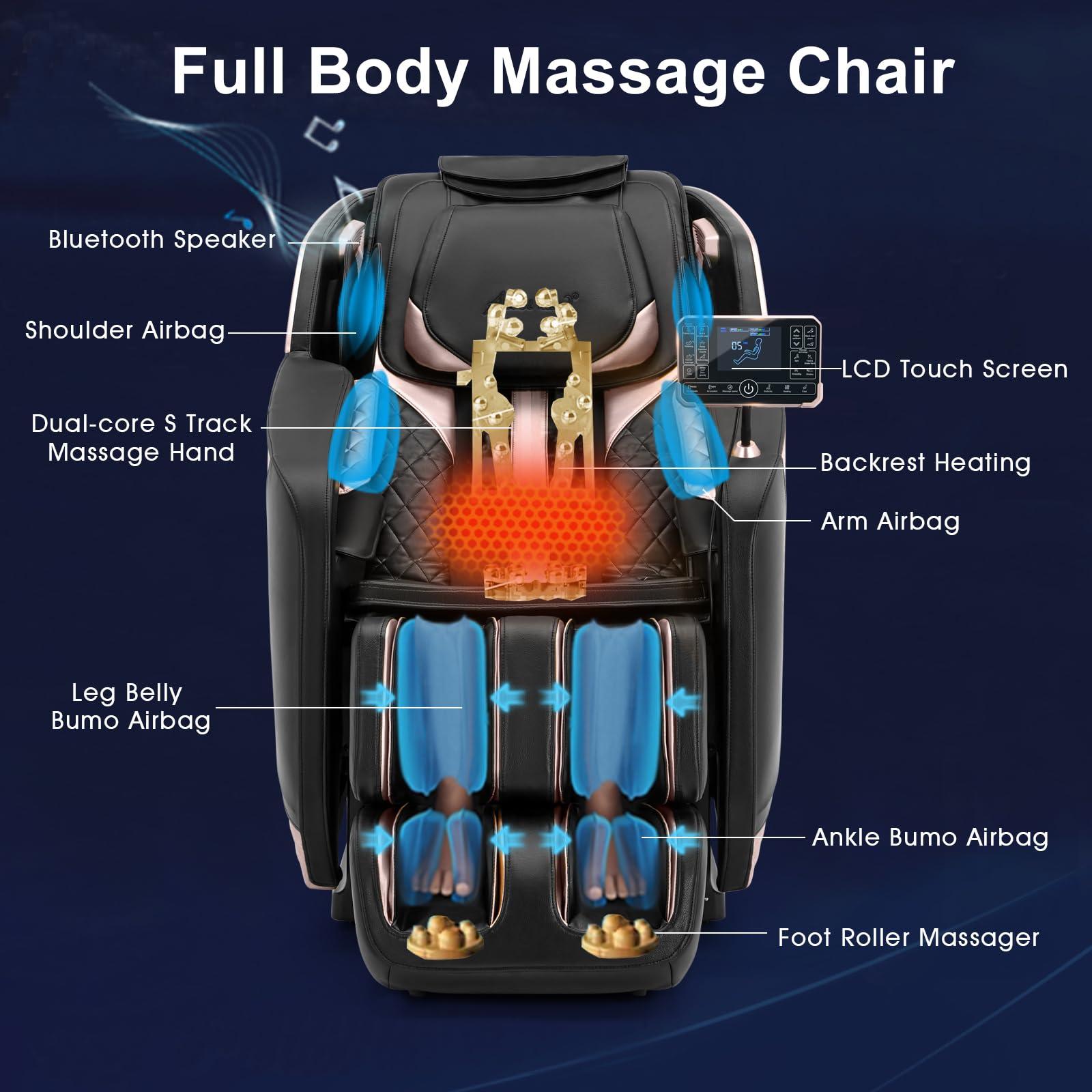 Artist hand Full Body Zero Gravity Massage Chair with Dual Core S-Track, Adjustable Airbag Compression, 2-Level Recline, and Back & Calf Heating, Rocking Massage Chair (Black & Gold)