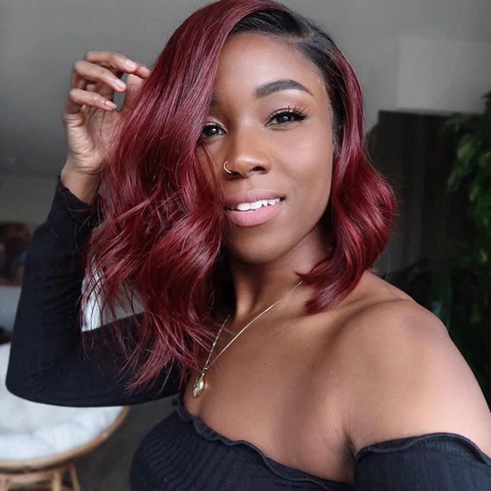 Imeya Imeya 12 Inch Ombre Dark to Burgundy Wig Human Hair Body Wave Lace Front 13x6 Transparent Lace Short Wave Wig for Black Women Brazilian Remy Hair Pre Plucked Bleached Knots Lace 150% Density