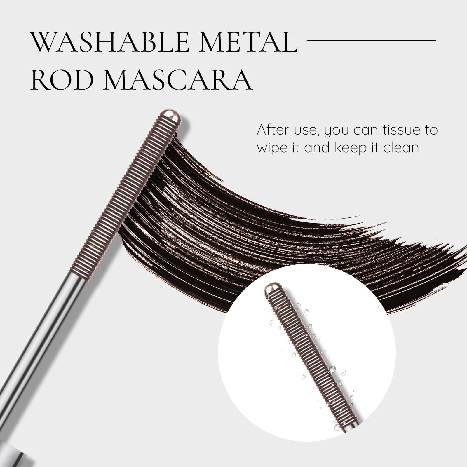 FREEORR FREEORR Washable Iron Wand Mascara Brown, Curling Iron Wand 3D Mascara Non-Clumping, Smudge-Proof Extra Slim Mascara with Metal Rod Wand Curling Eyelash Iron Brush Wand Mascara-Brown