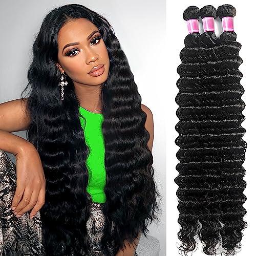 12A Deep Wave Bundles Human Hair 16 18 20 100 Unprocessed Virgin Brazilian Hair Water Wave Extension Wet and Wavy 3 Bundles Deep Curly Weave Double Weft Natural Black