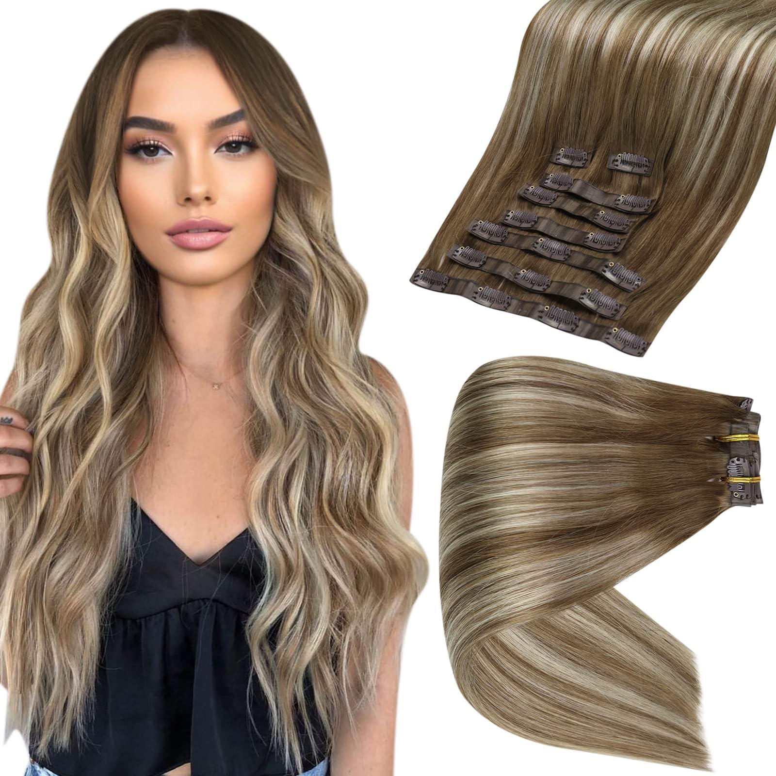 Full Shine Full Shine Brazilain Hair Clip in Extensions Pu Weft Brown Ombre Chestnut Brown Highlights Platinum Blonde 18 Inch+Invisible Wire Hair Extensions Balayage Walnut Brown to Light Brown Mix Light Blonde