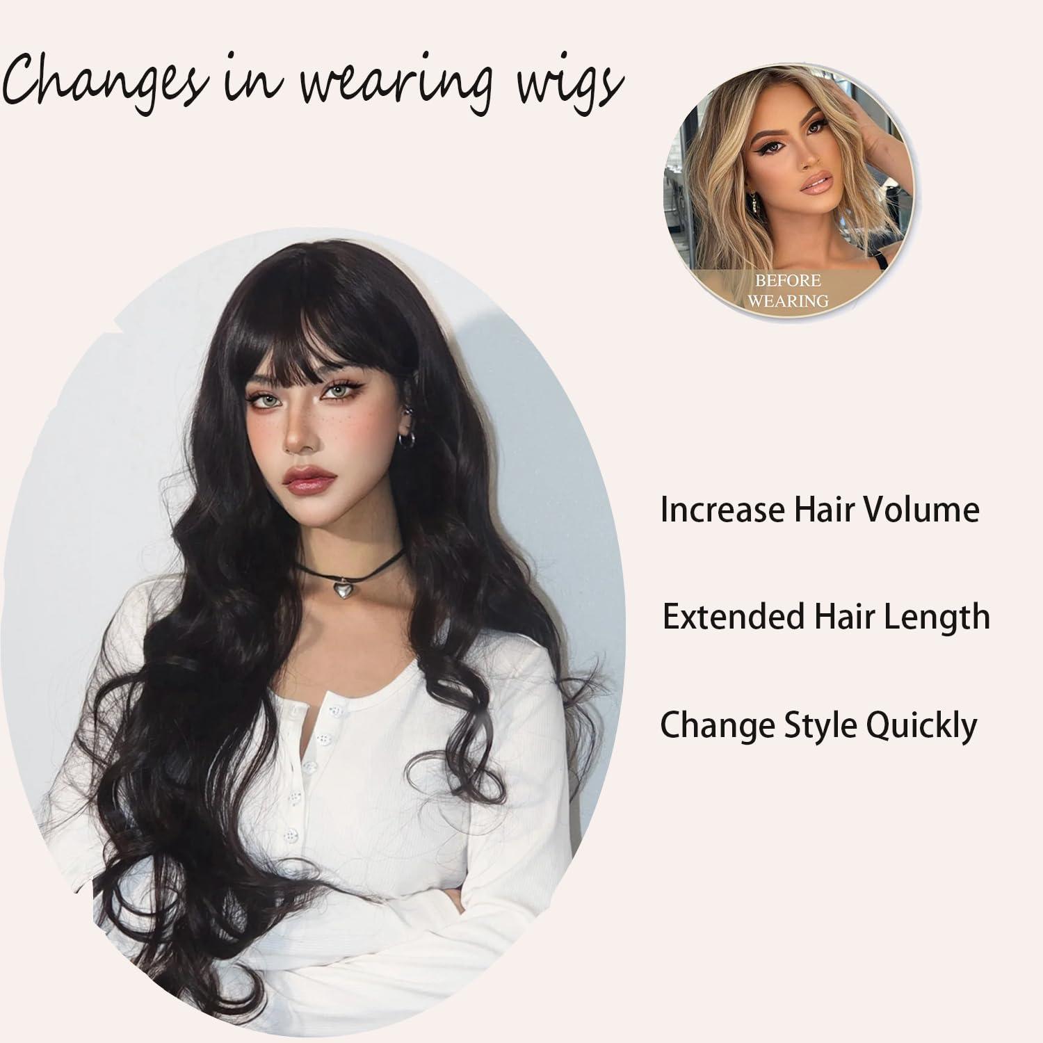 punhurt punhurt Black Wig with Bangs 26inch Long Black Wig Wavy Wig for Women Synthetic Wig Curly Natural Black Wigs for White Women Girls Wig with Bangs