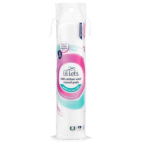 Lil-Lets Lil-Lets Cotton Wool Round Pads, Certified Organic, 100% Pure Cotton Wool, Soft and Absorbent, Gentle on Skin, Dermatologically Tested, Pack of 100 Pads
