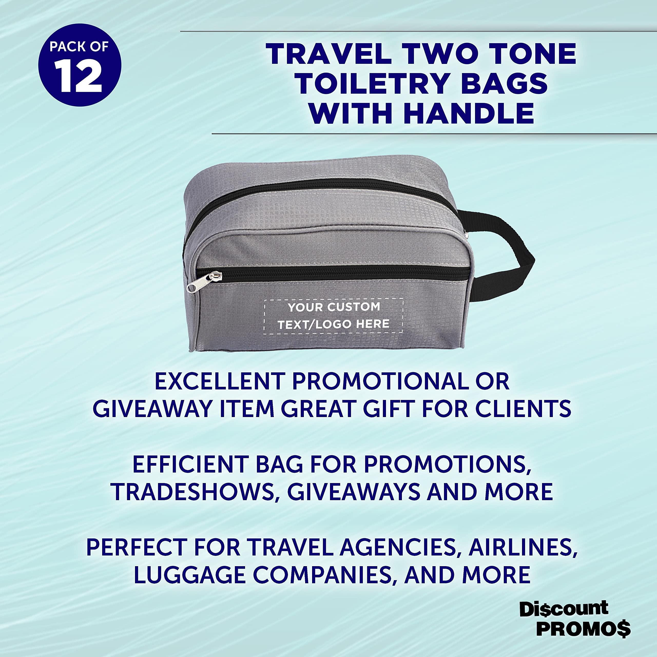 DISCOUNT PROMOS DISCOUNT PROMOS Custom Travel Two Tone Toiletry Bags with Handle Set of 12, Personalized Bulk Pack - Versatile, Bring Everywhere You Go, Perfect for Travelling or Even at Home - Gryblk - 10\"X5\"X5.5\"