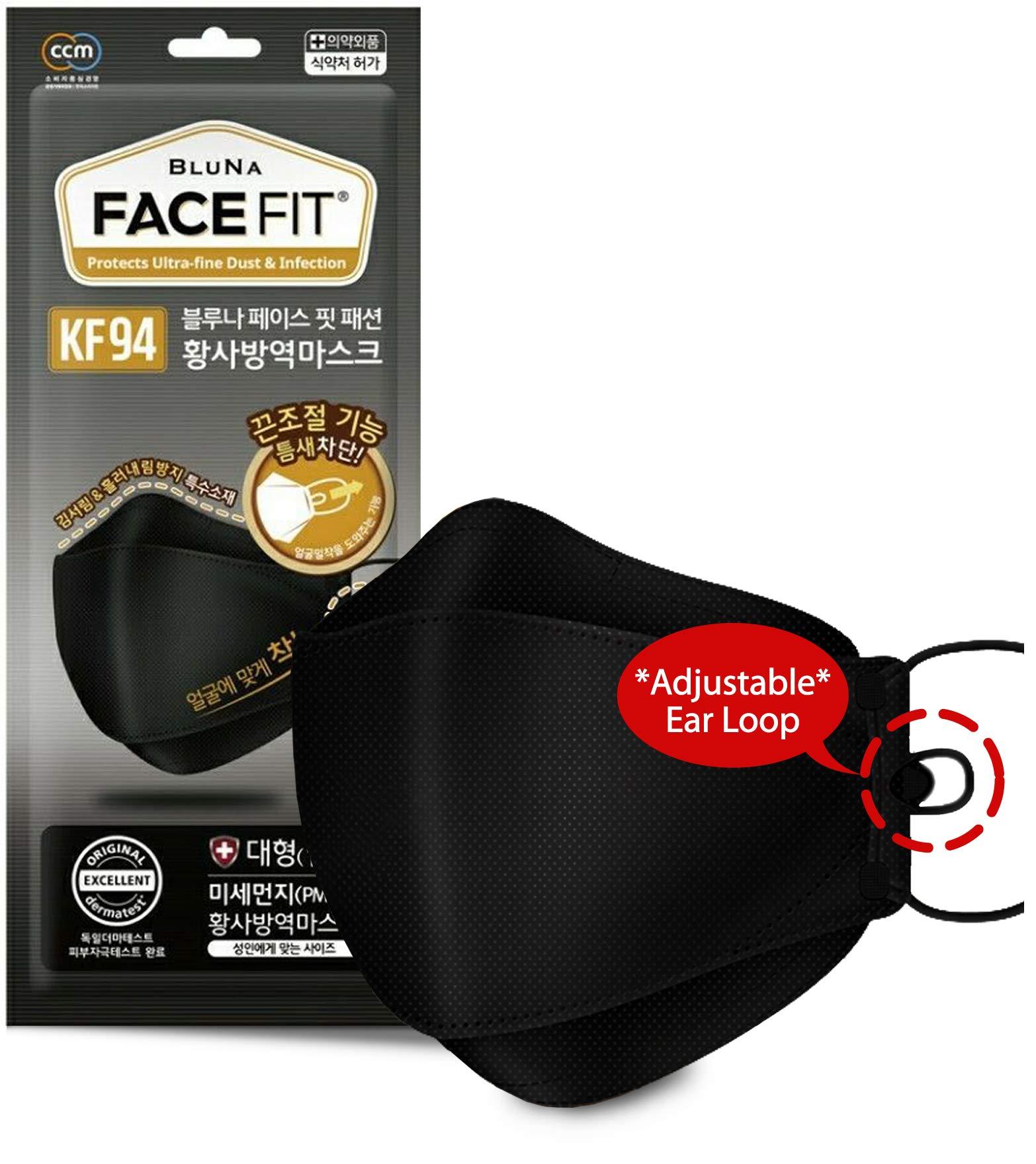 BLUNA FACE FIT BLUNA [30 Pack] Face Fit KF94 Certified Premium 4-Layer Black Face Mask [Adjustable Ear Loop][Anti-Trouble Skin][Individual Pack][Made in KOREA]
