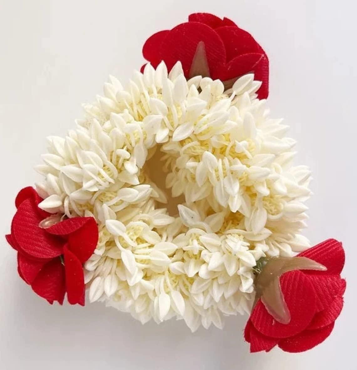 Generic Indian Culture Artificial Mogra and Red Rose Flower Hair Gajra Elastic Hairband, Rubber Band Gajra Juda Accessories Hand Rubber Band for Girl And Women (Pack of 2)