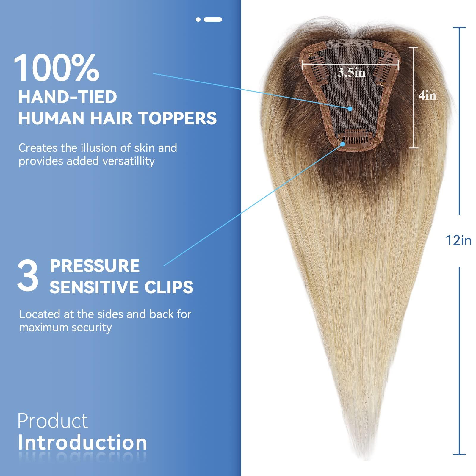 EMMOR EMMOR Hair Topper For Women, 100% Remy Human Hair For Women With Thinning, Hair Loss Cover Gray Hair, Three Clips on Topper, 3.5in4in Hand-Tied, 12 inch - Ombre Light Blonde