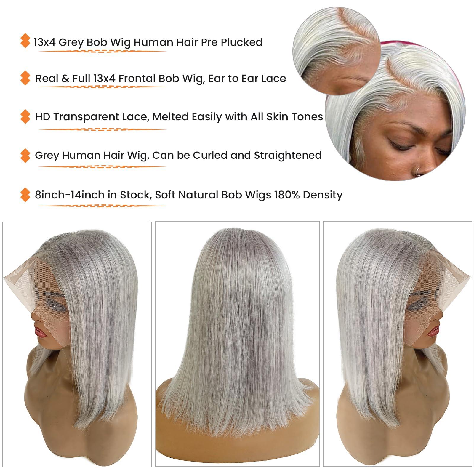 Licoville Grey Short Bob Wig Human Hair 8 Inch Glueless Real 13x4 Bob Lace Front Wigs Human Hair Full 180% Density Free Part Frontal Bob Wigs Human Hair Silver Gray Lace Front Human Hair Bob Wigs Free Part