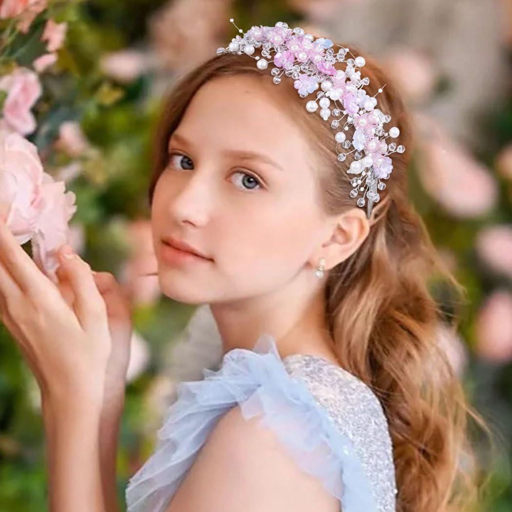 Woeoe Woeoe Pearl Princess Headband Pink Flower Crystal Hair Band Birthday Wedding Communion Hair Accessories