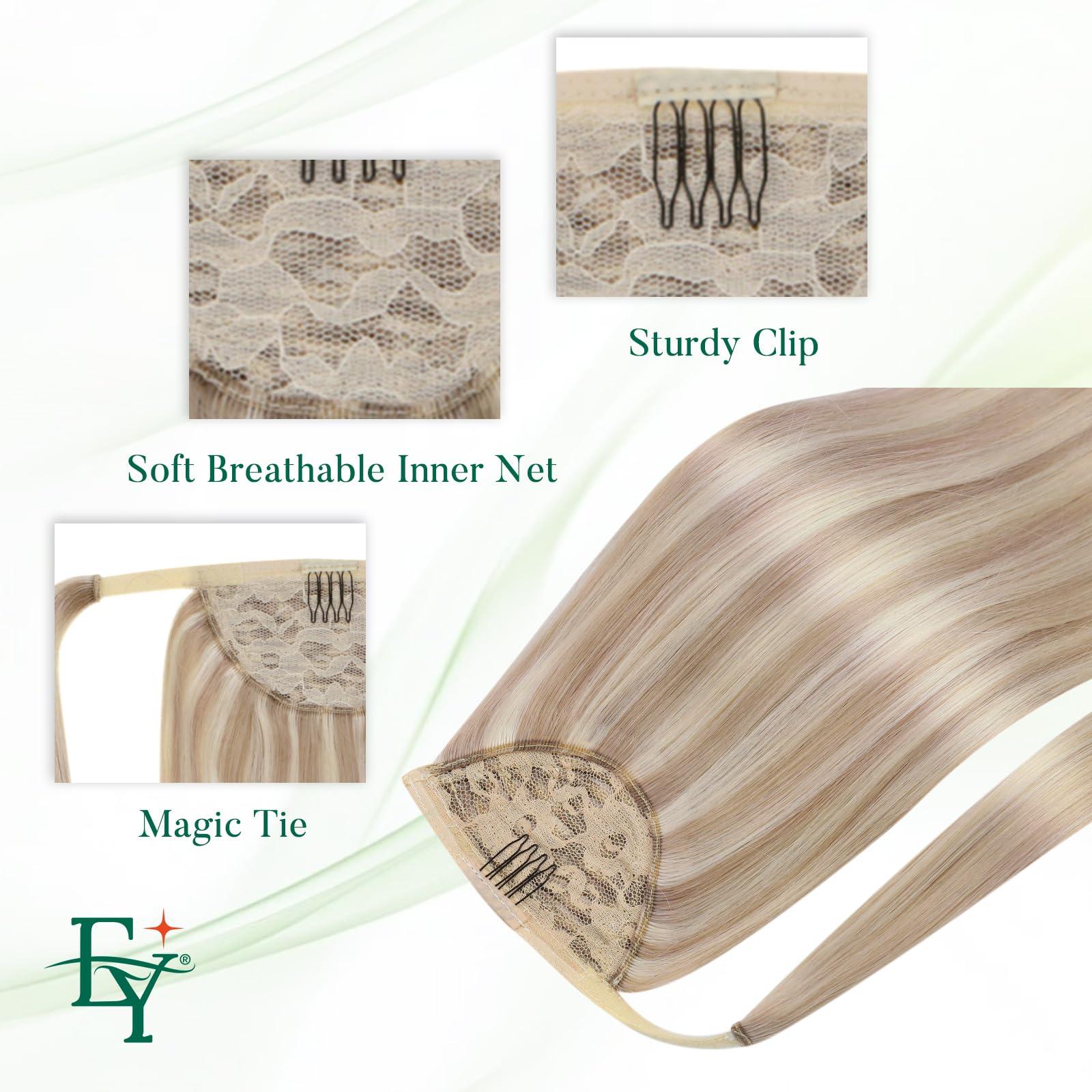 Easyouth Ponytail Extensions Human Hair Blonde Human Hair Ponytail Ash Blonde Highlighted Bleach Blonde Pony Tails Hair Extensions Real Human Hair for Women 16Inch 80g #18P613