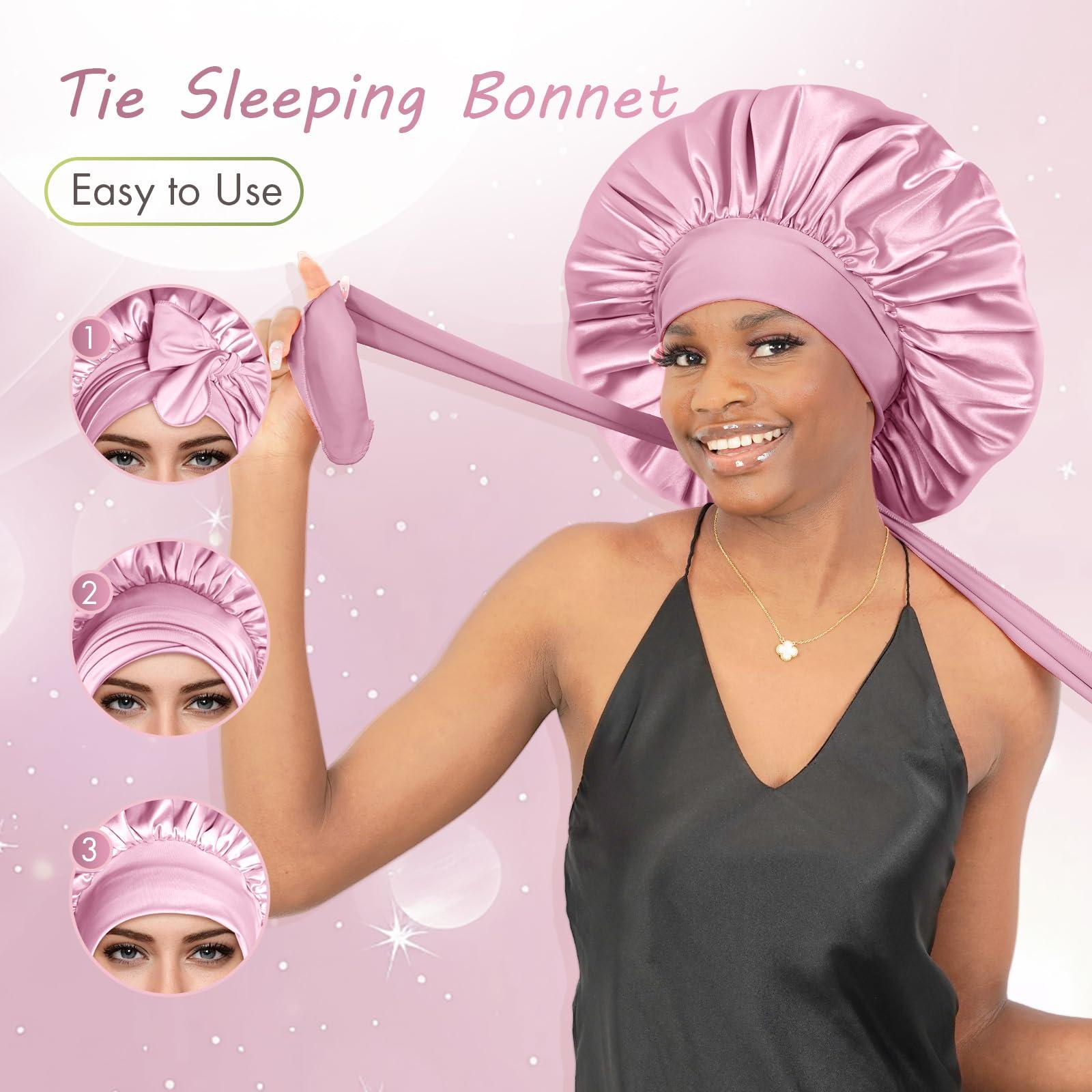 BONNET QUEEN BONNET QUEEN Large Silk Sleeping Bonnet Satin Adjustable Big Bonnet for Curly Hair Braids Night Hat Cap Wrap with Tie Band Rose
