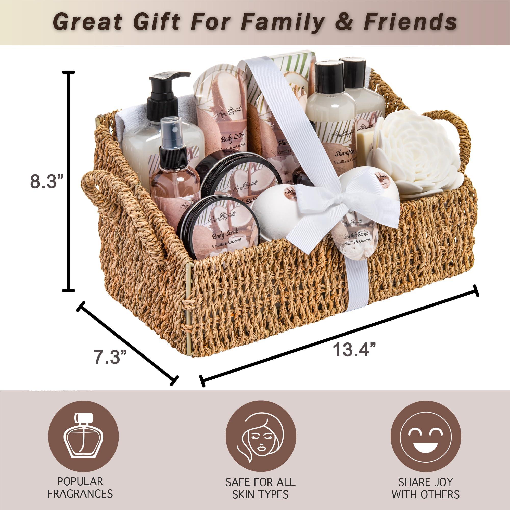 Aqua Elegante Bath Spa Gift Sets - Luxury Basket With Coconut & Vanilla - Spa Kit Includes Wash, Bubble Bath, Lotion, Bath Salts, Body Scrub, Shower Puff, Bathbombs, Soap and Towel