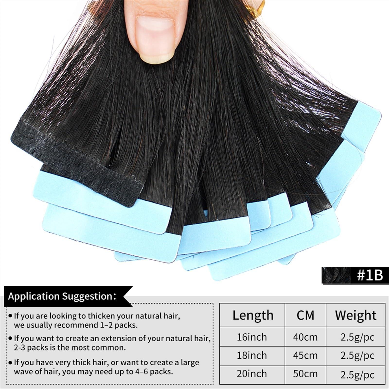 YUXING1205 YUXING1205 Natural Human Hair Tiny Interface Hair Tape In Hair Extensions Skin Weft Remy 20pcs 16-24 inch for Thin Hair(#1B,20pcs 16 inches)