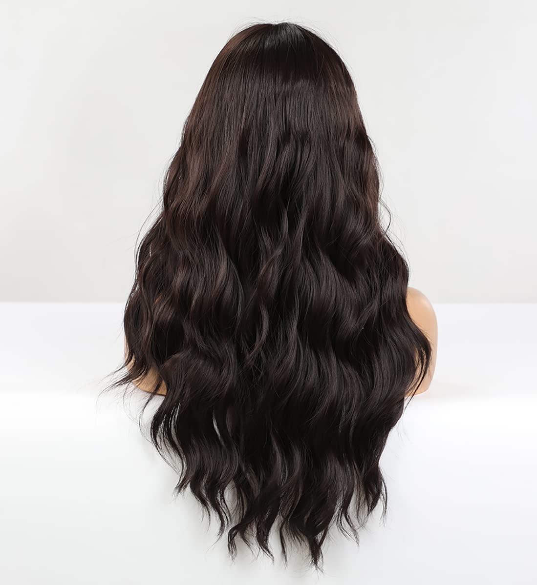 LANOVA LANOVA Dark Brown Wig with Side Bangs Synthetic Wigs for Women Chocolate Brown Long Curly Wig with Bangs 22 inch LANOVA-209