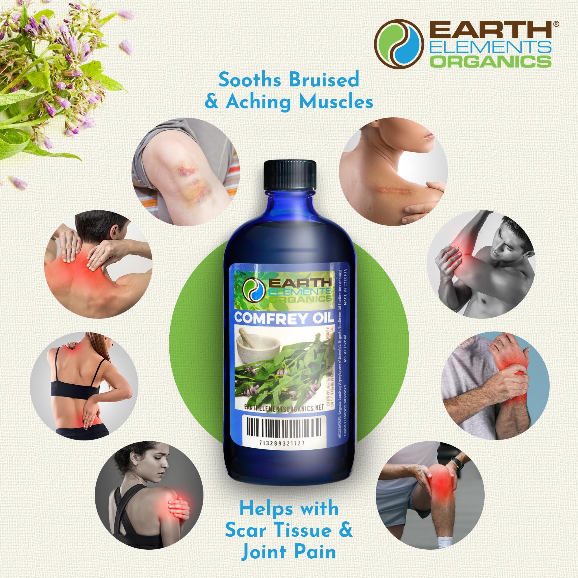 Earth Elements Organics Organic Comfrey Oil Raw, Infused, Pressed Herbal Oil. Comfrey Leaf, Sunflower Seed Oil 4 fl.oz.