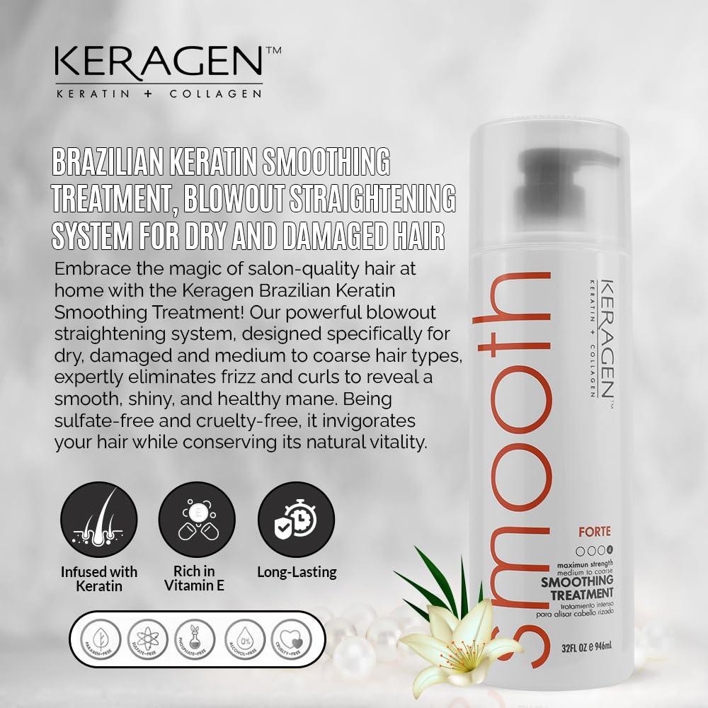 KERAGEN KERAGEN Hair Duo: Brazilian Keratin Smoothing Treatment (32 Oz) + Clarifying Shampoo (32 oz) - Forte Formula for Dry, Damaged Hair, Sulfate-Free, Eliminates Curls, Frizz