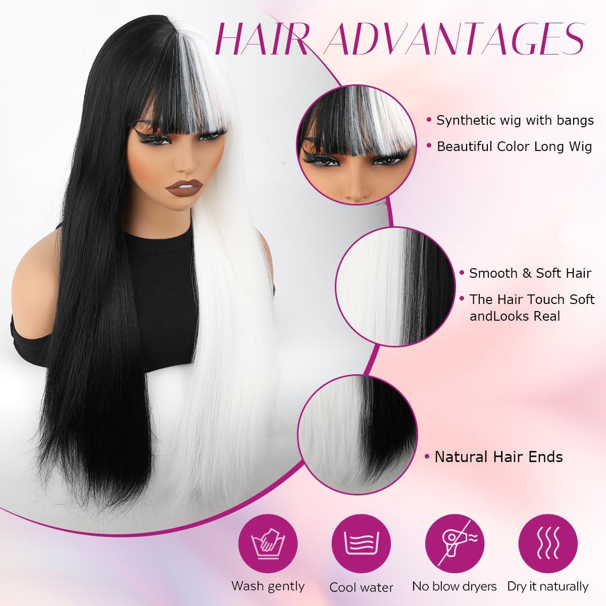 forfeels forfeels Synthetic Wig Black And White Wig For Women 28 Inches Cosplay Wig Heat Resistant Synthetic Wig With Bangs Straight Synthetic Hair For Halloween