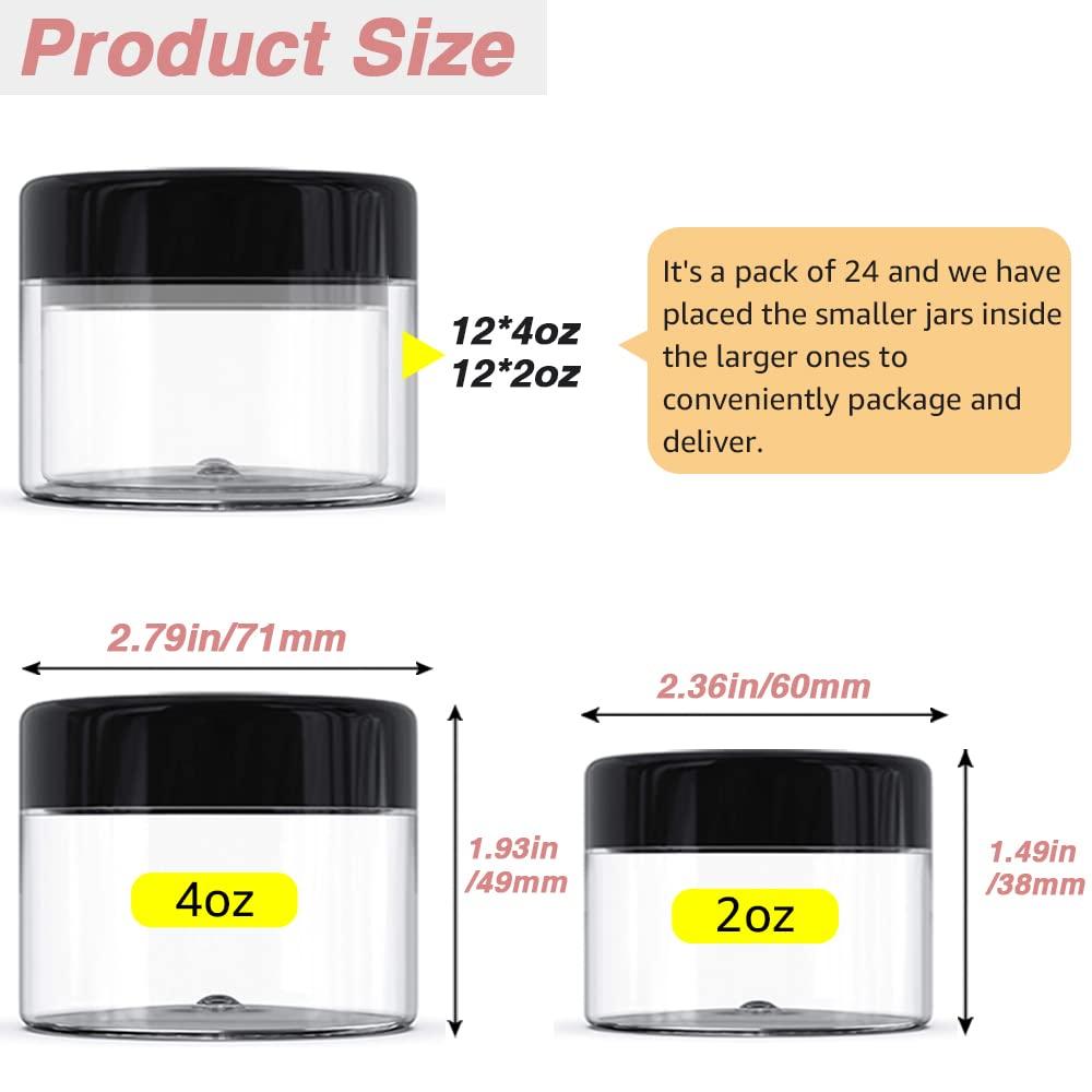 DupakSYS 4 oz Small Plastic Containers with Lids + 2oz Black & Clear Lids (Set of 48) Plastic Jars with Lids Cosmetic Jar - for Lip Scrub, Cream, Slime, Craft Storage