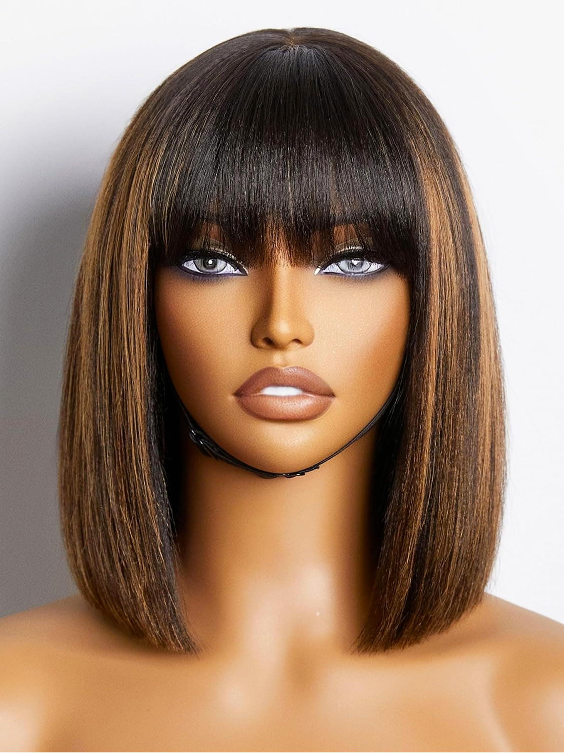 LUVME HAIR LUVME HAIR 10 Inch Yaki Straight Bob Wig with Bangs Human Hair Glueless HD Lace Bob Wig with Brown Highlights, Ready to Go Short Wigs For Women 180 Density (Breathable Cap)