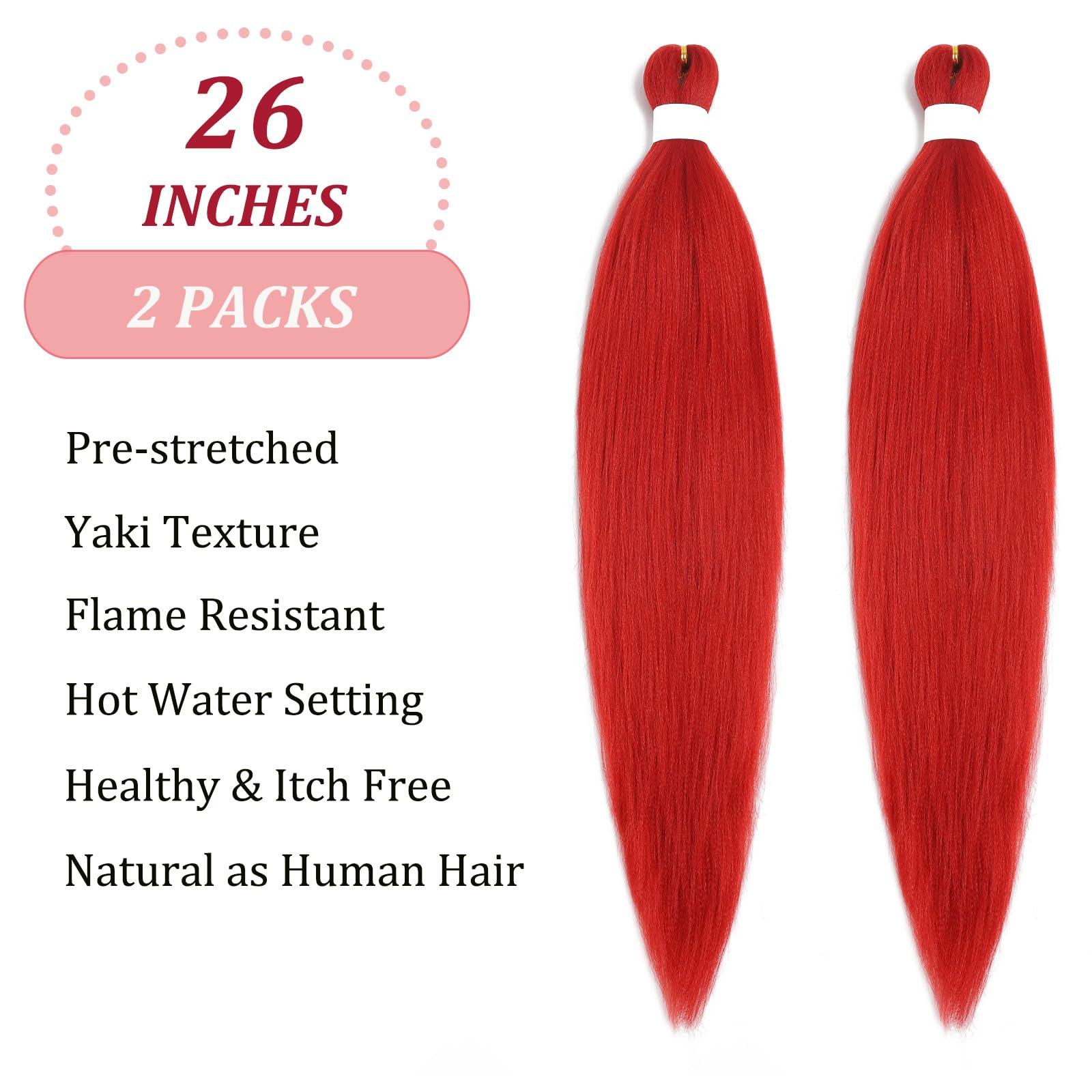 UPruyo UPruyo Red Pre Stretched Braiding Hair Kanekalon Red Braiding Hair Pre Stretched Synthetic Hair Extensions for Braiding Box Braids Long Yaki Knotless Micro Prestretched Braiding Hair 26 inch