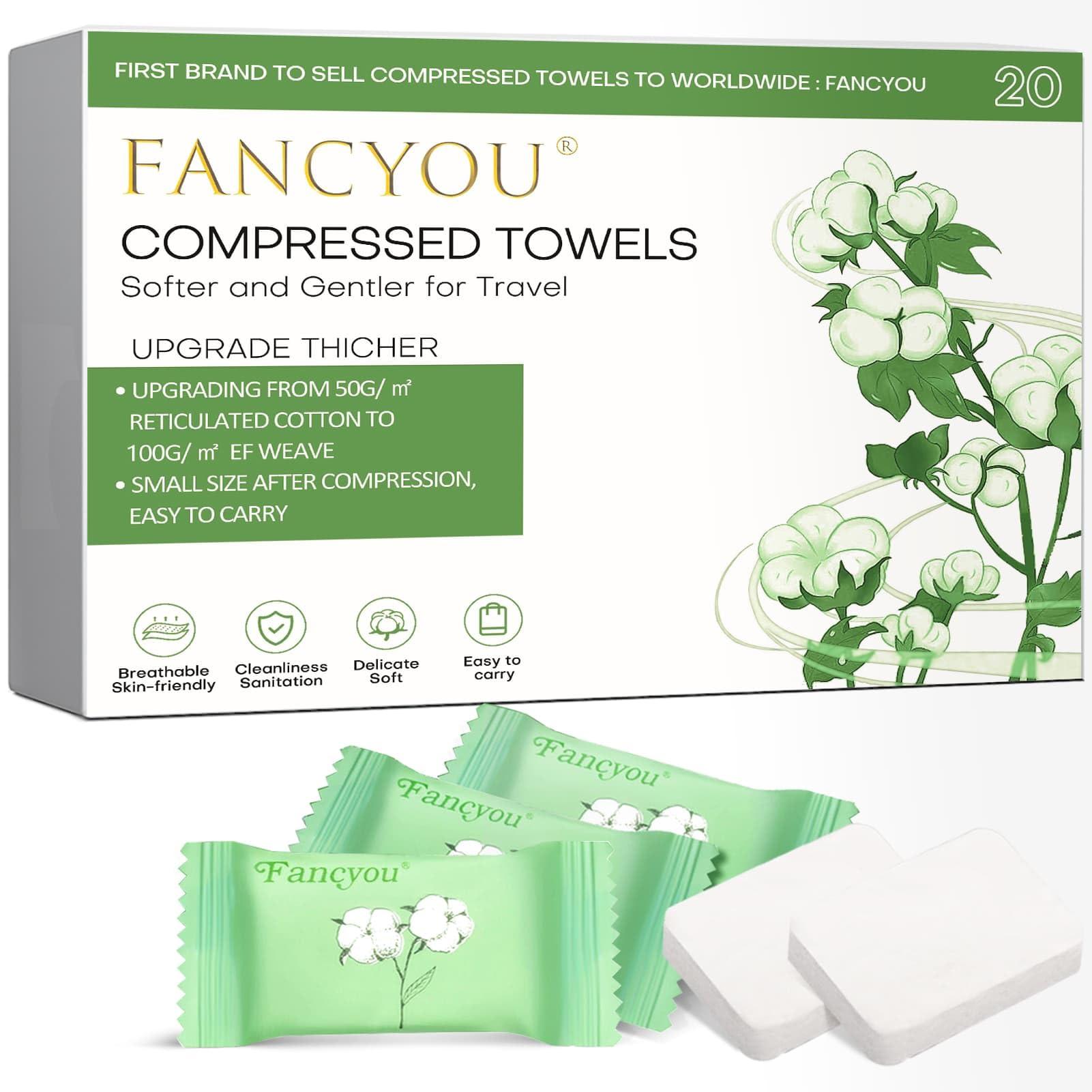 fancyou Fancyou Large Compressed Disposable Face Towel, Thicken Washcloth Compact Portable Cotton Wipes Tablets, Facial Cleansing Cloths Towelettes for Travel Camping Hiking Outdoor Beauty Salon(20PCS Green)